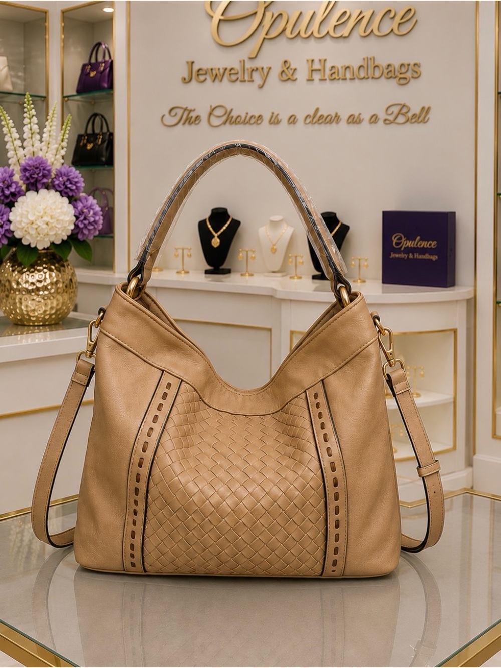 Beige Woven Hobo Shoulder Bag